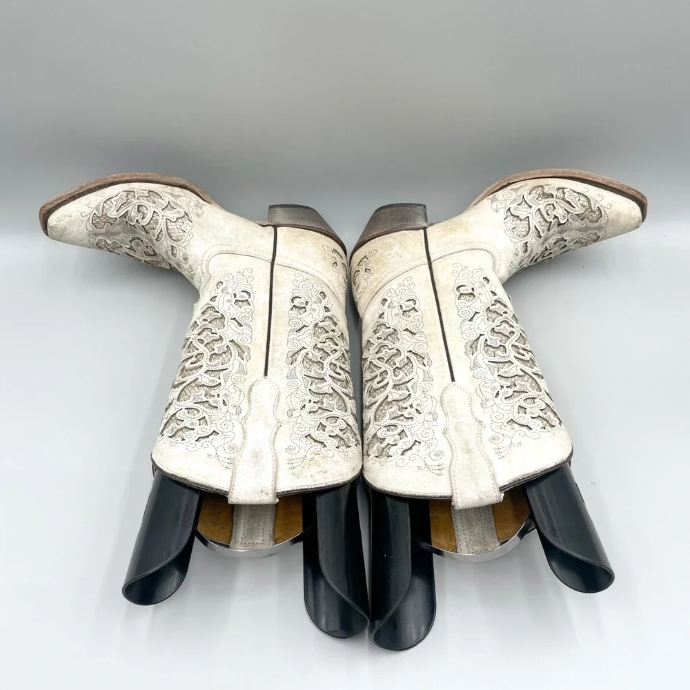 Corral Teens Size 4.5 White Distressed Glitter Inlay Western Boots Cowgirl Boho